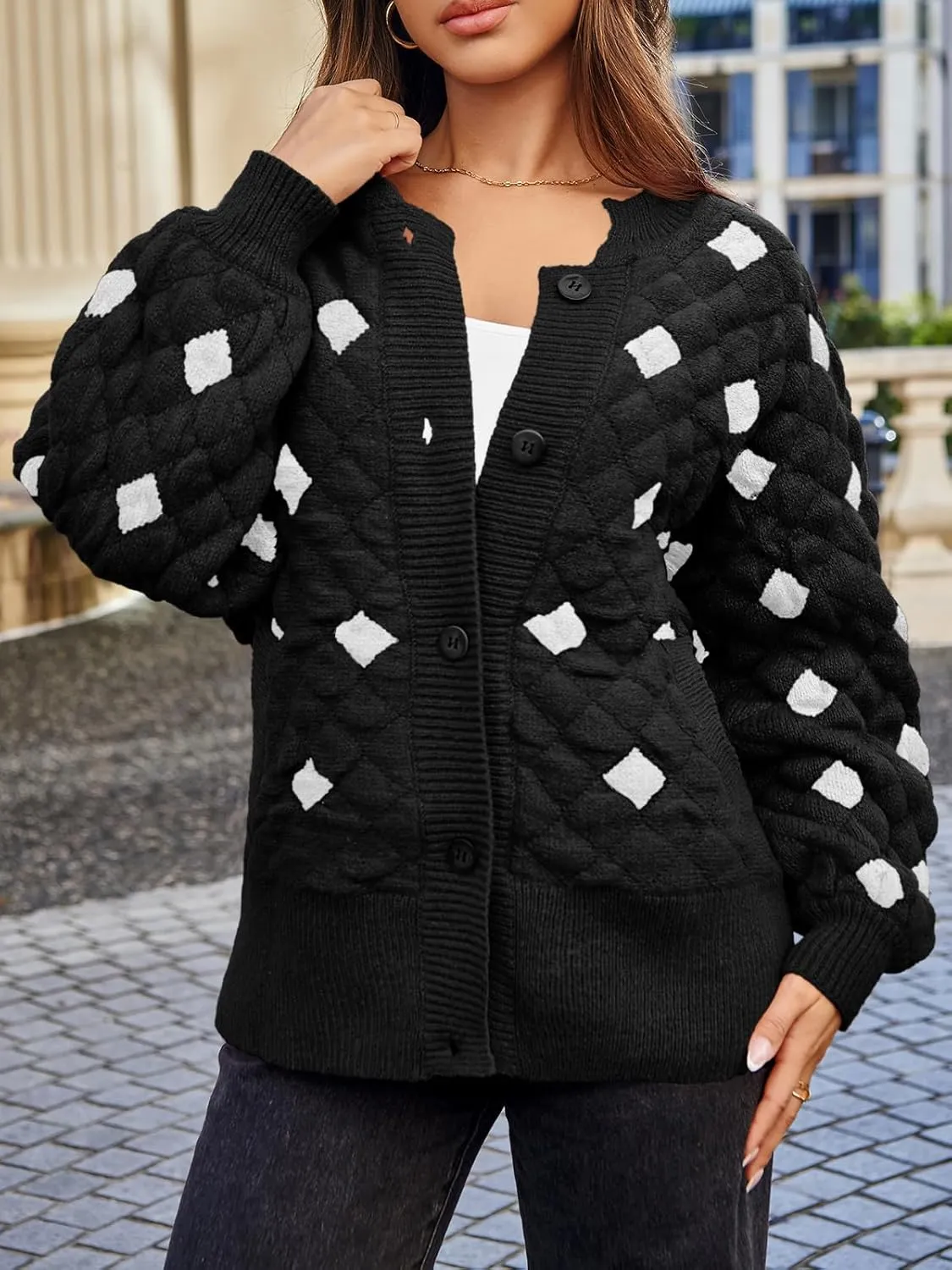 Saodimallsu Womens Chunky Cardigans Button Down Long Sleeve Open Front Plaid Knit Loose Fall Sweater Coats