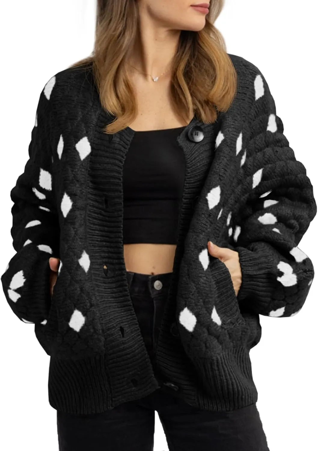 Saodimallsu Womens Chunky Cardigans Button Down Long Sleeve Open Front Plaid Knit Loose Fall Sweater Coats