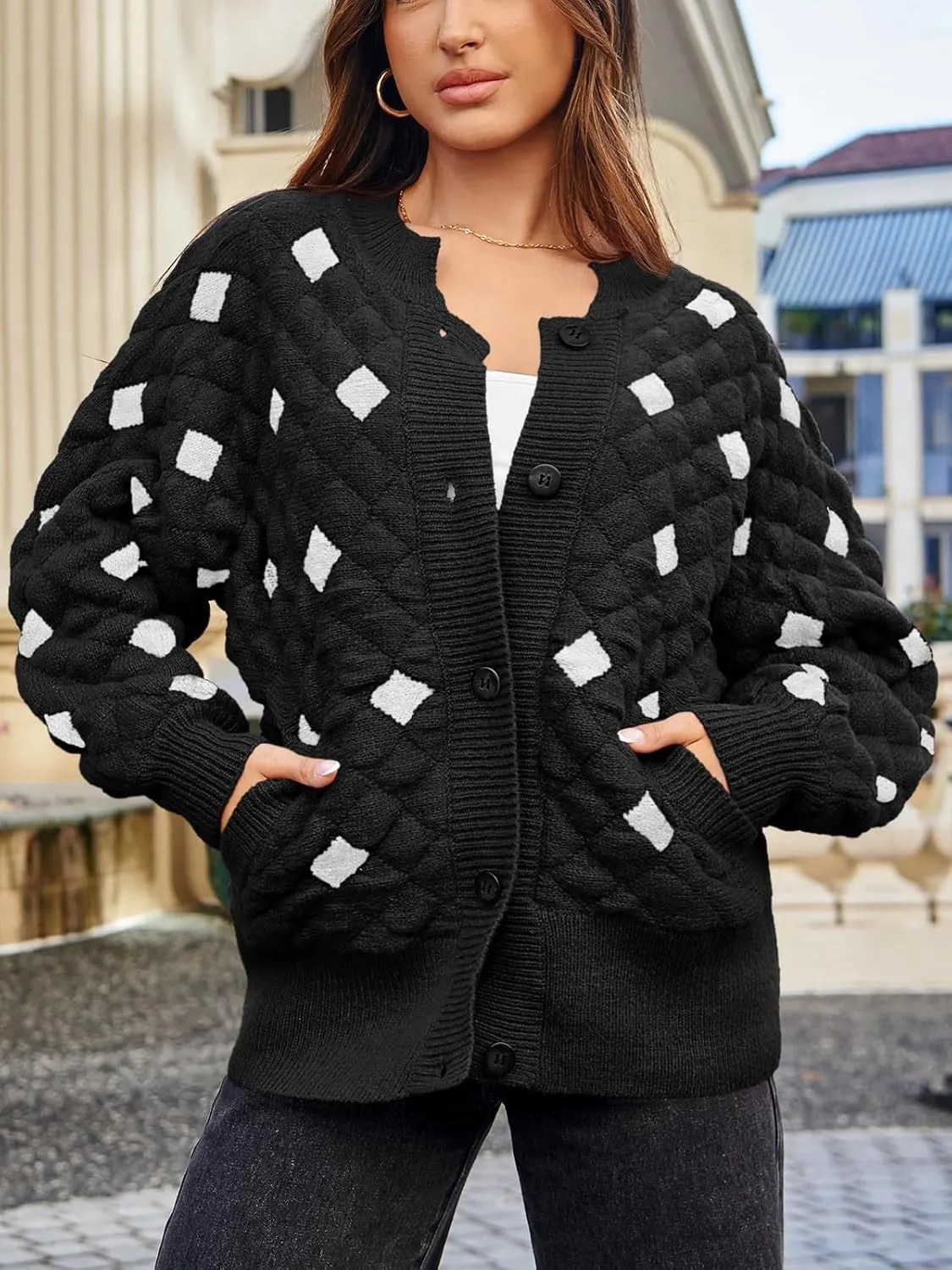 Saodimallsu Womens Chunky Cardigans Button Down Long Sleeve Open Front Plaid Knit Loose Fall Sweater Coats