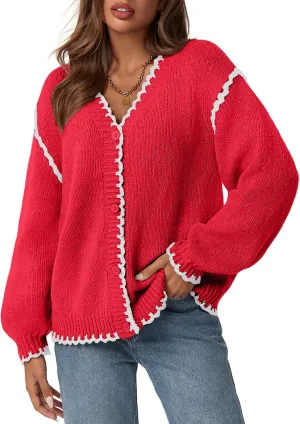 Saodimallsu Womens V Neck Cardigan Sweaters Button Down Long Sleeve Loose Knit Open Front Coats