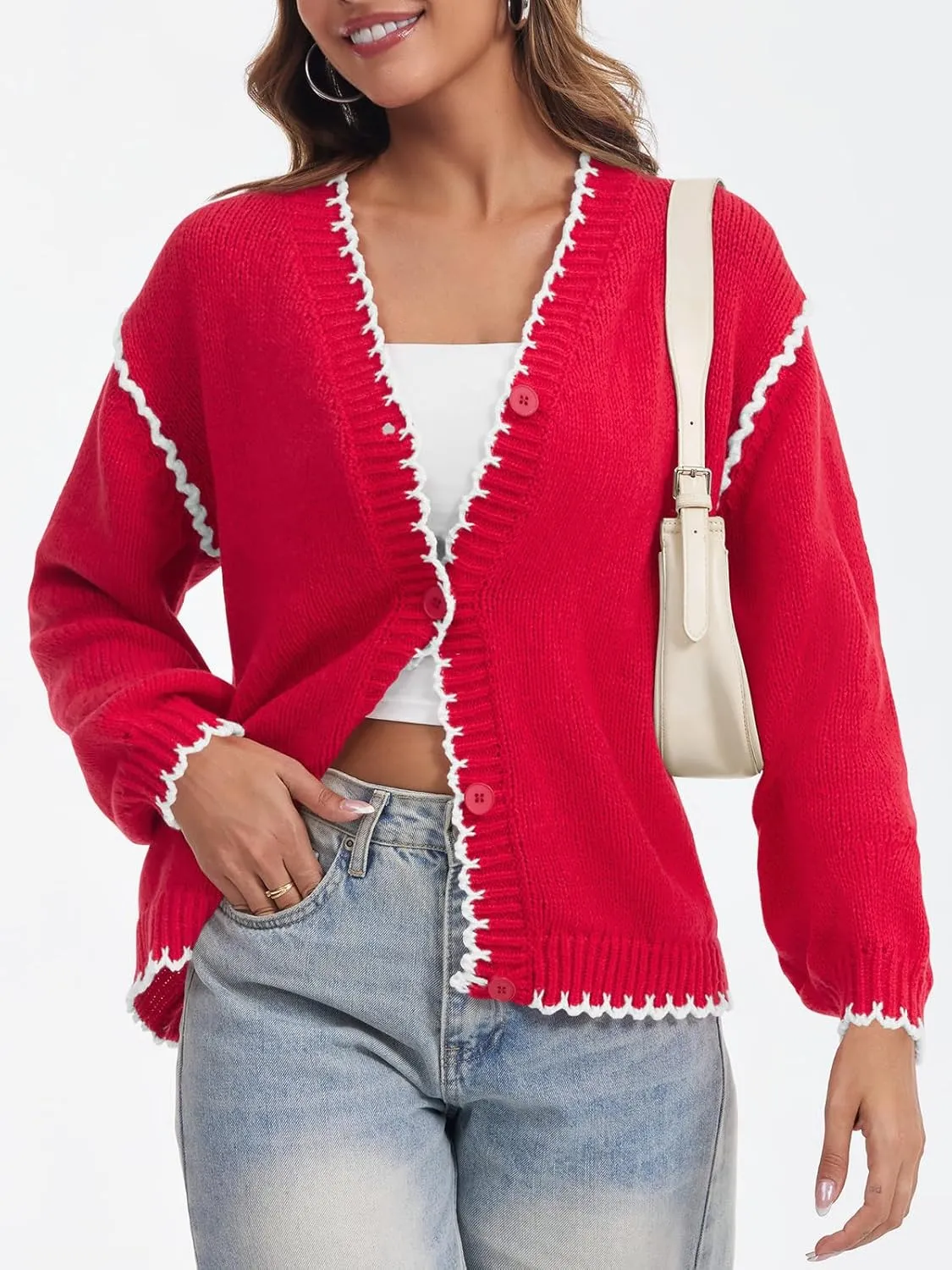 Saodimallsu Womens V Neck Cardigan Sweaters Button Down Long Sleeve Loose Knit Open Front Coats