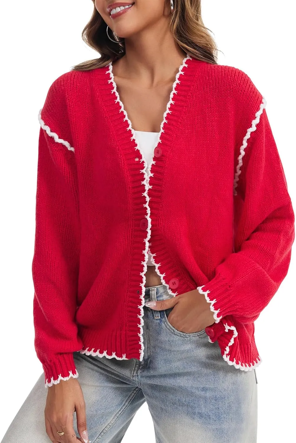 Saodimallsu Womens V Neck Cardigan Sweaters Button Down Long Sleeve Loose Knit Open Front Coats