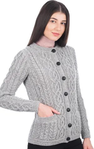SAOL 100% Merino Wool Ladies Irish Buttons Knit Cardigan Lumber Jacket with Pockets
