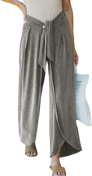 SEMATOMALA Women's Tie Knot High Waist Split Palazzo Pants Wide Leg Flowy Boho Plain Yoga Lounge Beach Vacation Trousers