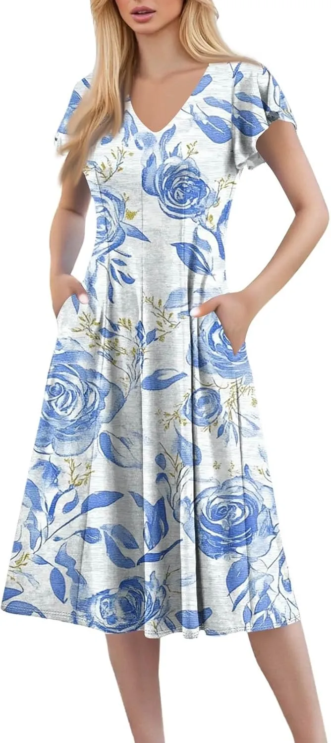 Semi Formal Wedding Guest Dresses Short Sleeve Summer Casual Plus Size Split Fashion Empire Waist Midi Dress for Women