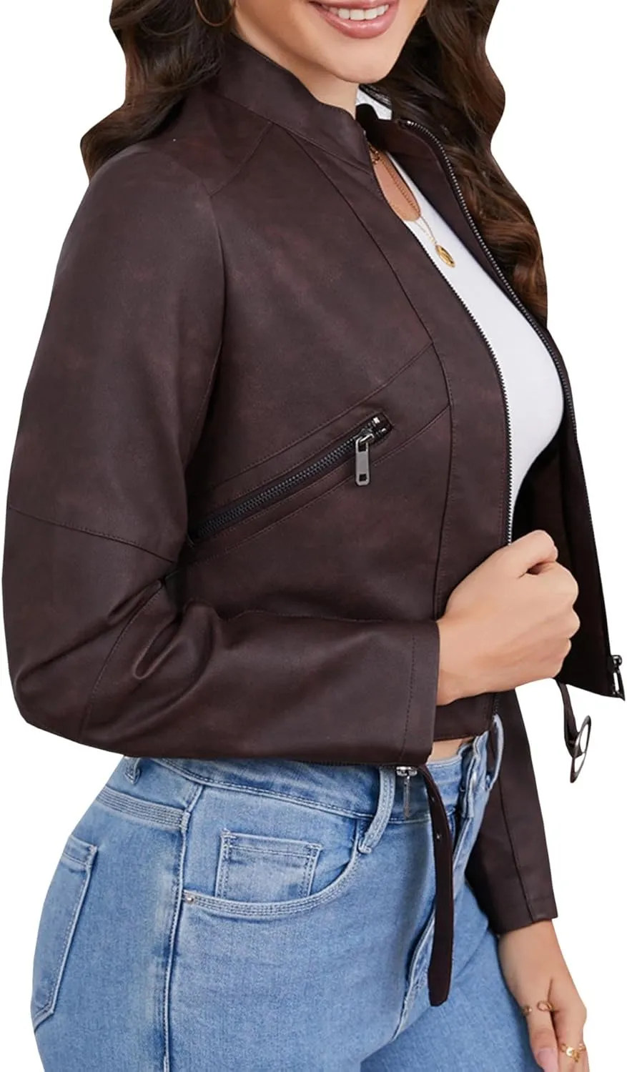 Sexyshine Women's Cropped Faux Leather Jacket Stand Collar Zipper Up PU Leather Coat Moto Bomber Biker Outwear with Belt
