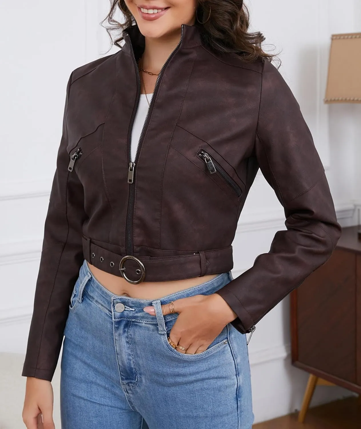 Sexyshine Women's Cropped Faux Leather Jacket Stand Collar Zipper Up PU Leather Coat Moto Bomber Biker Outwear with Belt