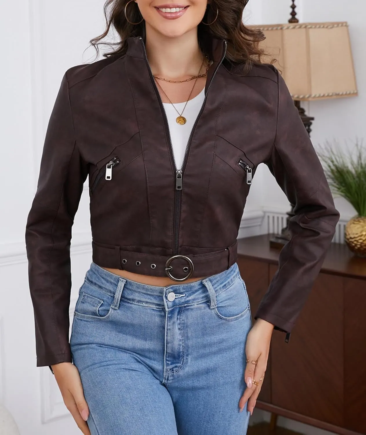 Sexyshine Women's Cropped Faux Leather Jacket Stand Collar Zipper Up PU Leather Coat Moto Bomber Biker Outwear with Belt