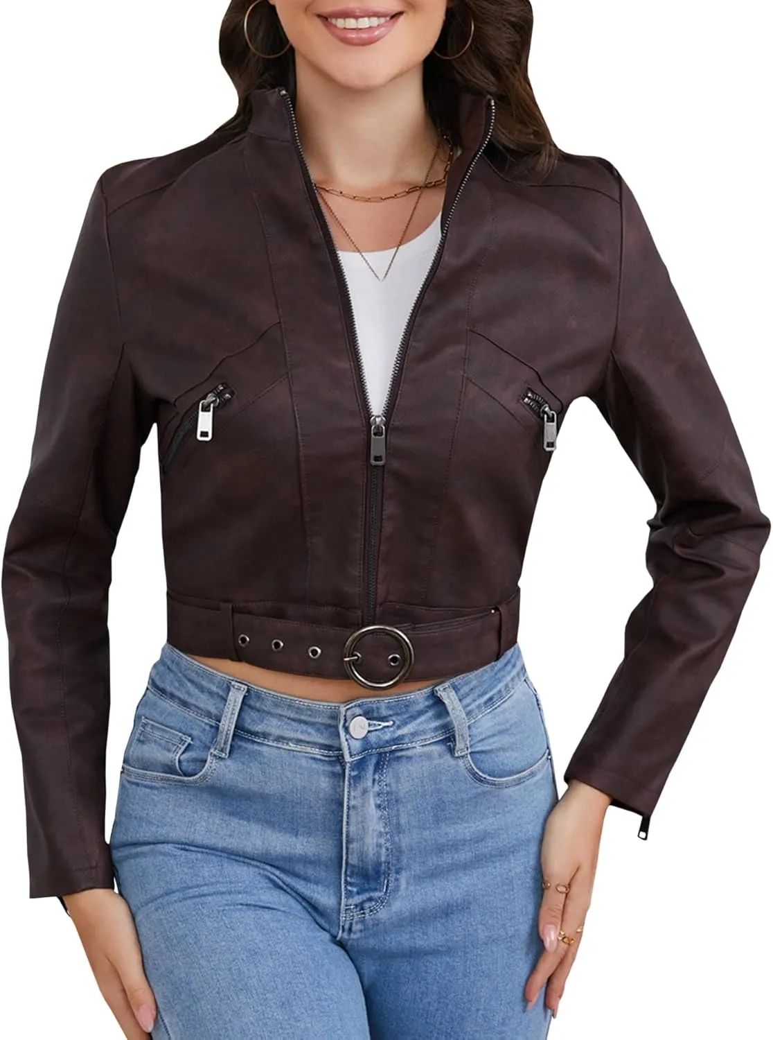 Sexyshine Women's Cropped Faux Leather Jacket Stand Collar Zipper Up PU Leather Coat Moto Bomber Biker Outwear with Belt