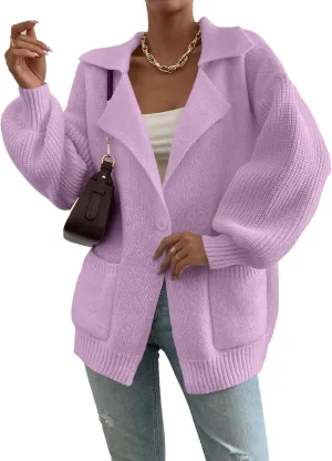 SHEWIN Women Open Front Knit Sweater Button Casual Long Sleeve V Neck Cardigan
