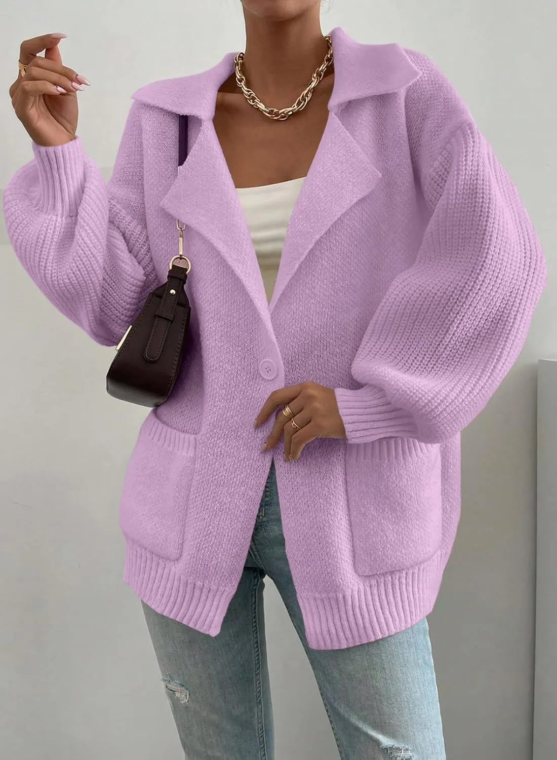 SHEWIN Women Open Front Knit Sweater Button Casual Long Sleeve V Neck Cardigan