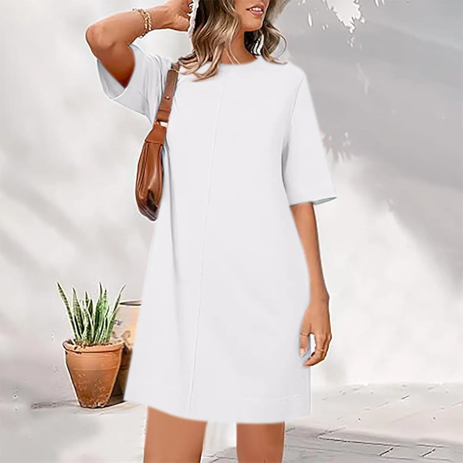 Short Sleeve Summer Mini Dress for Women Crewneck Fashion Casual Dress Flowy T Shirt Dresses Loose Vacation Sundress