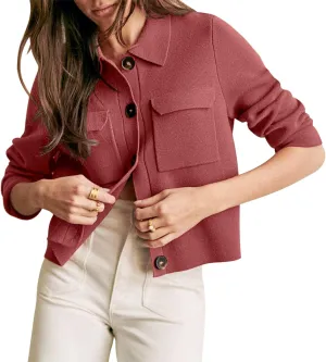 Shy Velvet Women 2025 Shackets Jacket Patch-Pocket Sweaters Merino Cardigan Open Front Button Down Cropped Jackets