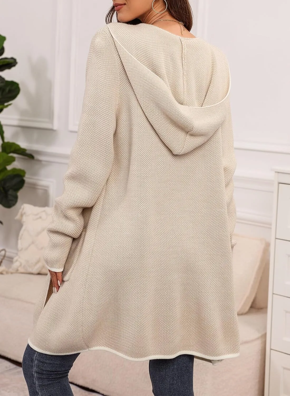 Sidefeel Women's 2024 Fall Long Sleeve Open Front Contrast Cardigan Sweaters Oversized Chunky Knit Hooded Sweaters Coat