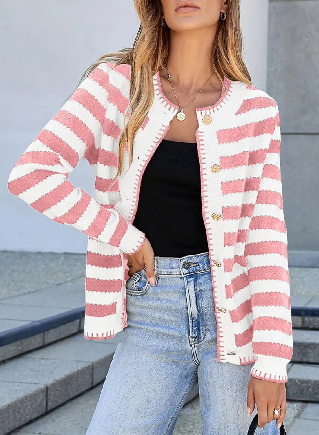 Sidefeel Women's Cardigan Sweaters Striped Open Front Button Down Knitted Coat Cropped Fall Fashion Outwear