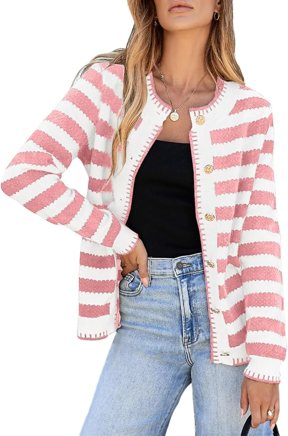 Sidefeel Women's Cardigan Sweaters Striped Open Front Button Down Knitted Coat Cropped Fall Fashion Outwear