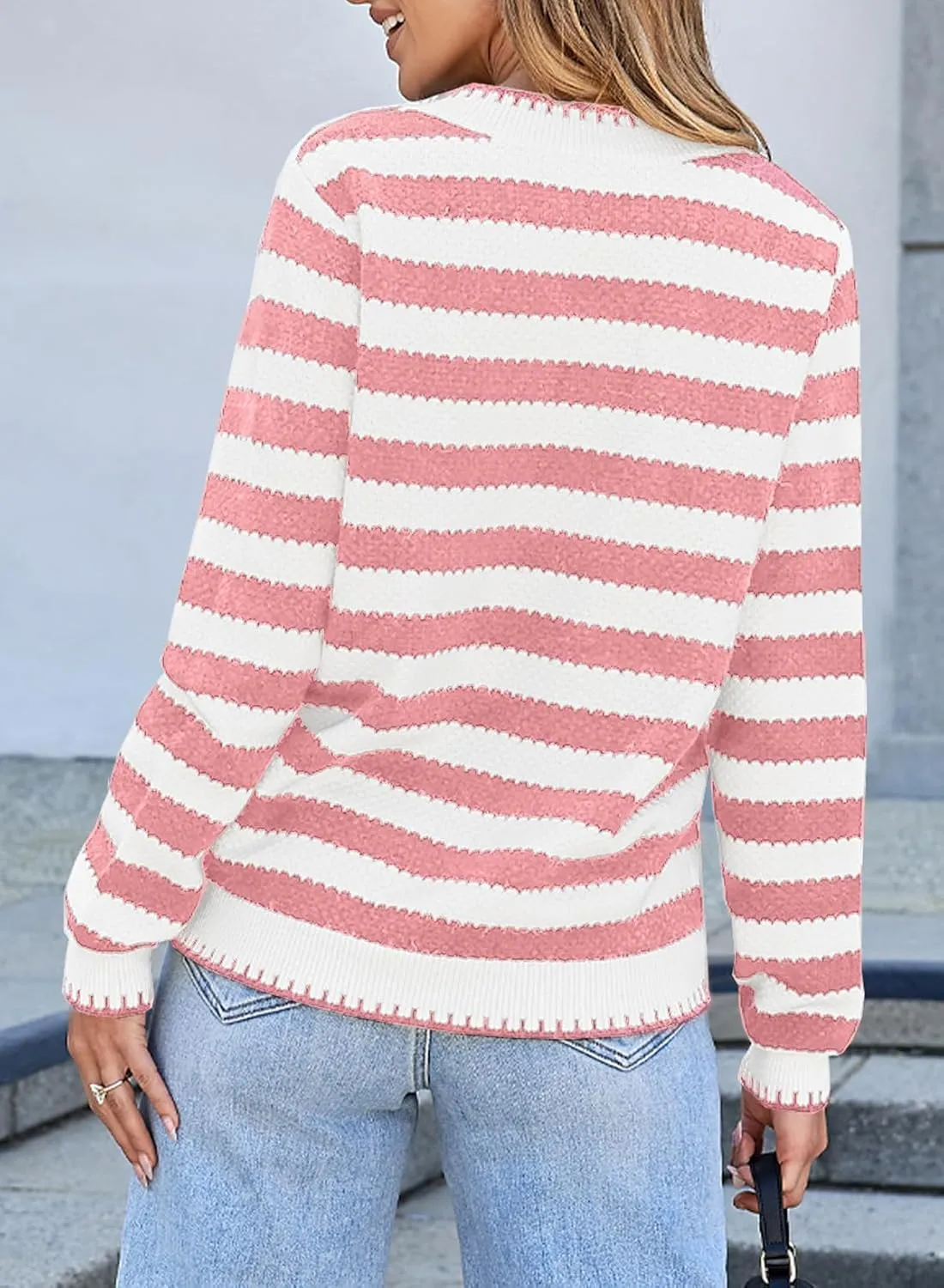 Sidefeel Women's Cardigan Sweaters Striped Open Front Button Down Knitted Coat Cropped Fall Fashion Outwear
