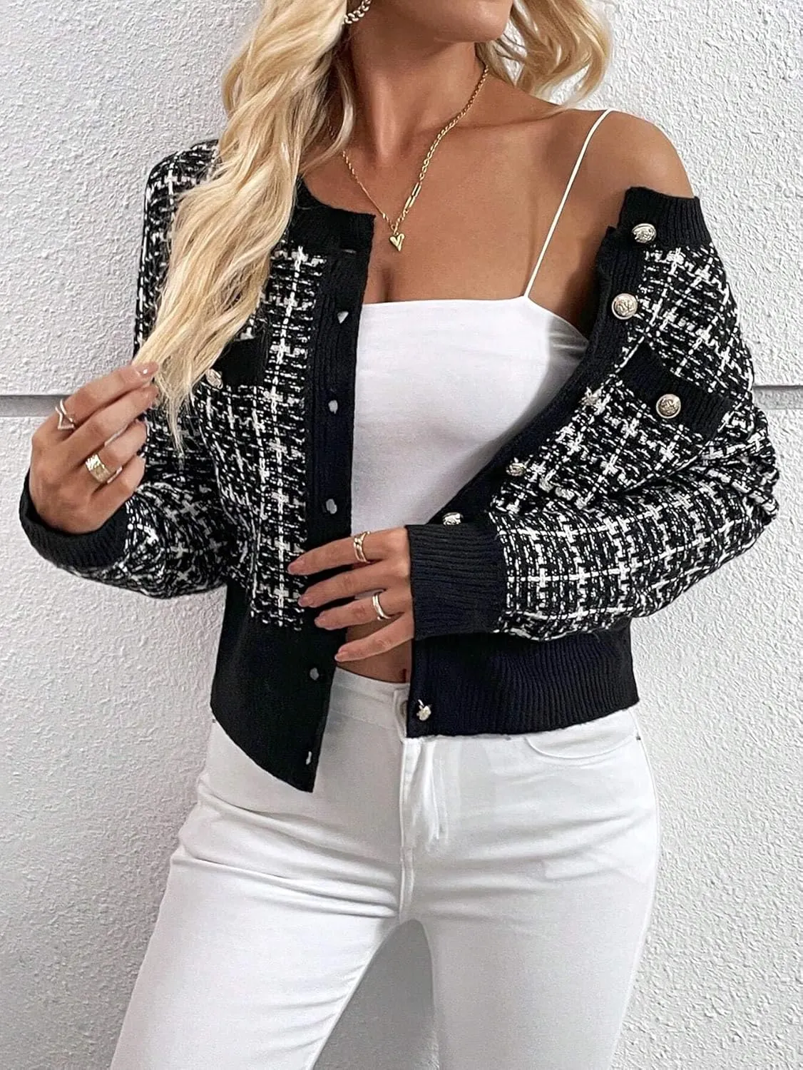 SKAYS Women's Autumn Jackets,Tweed Cardigan,Womens Cardigans Dressy Casual Flap Detail Button Front Cardigan