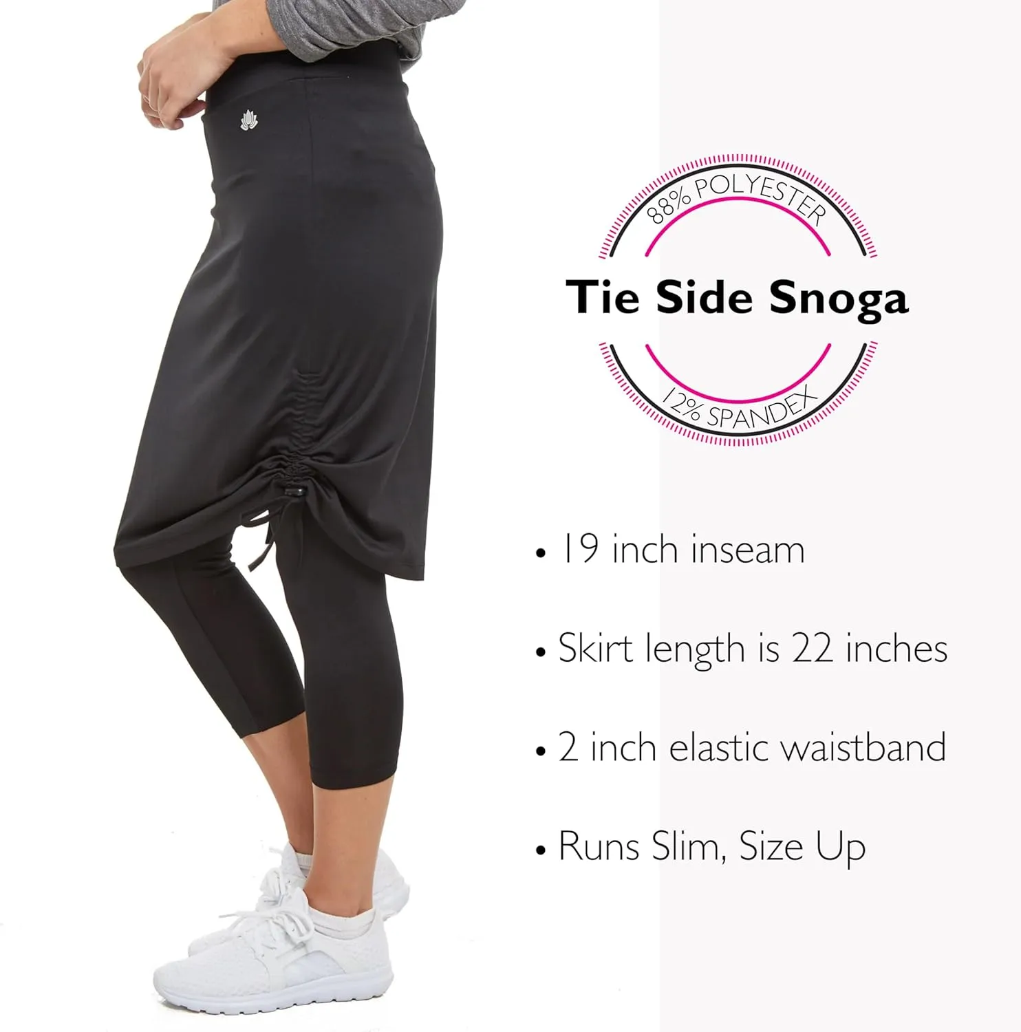 Snoga Athletics- Drawstring Ruched Knot 22in Women's Modest Midi Skirt w/Capri Leggings, Compression Fit, Black
