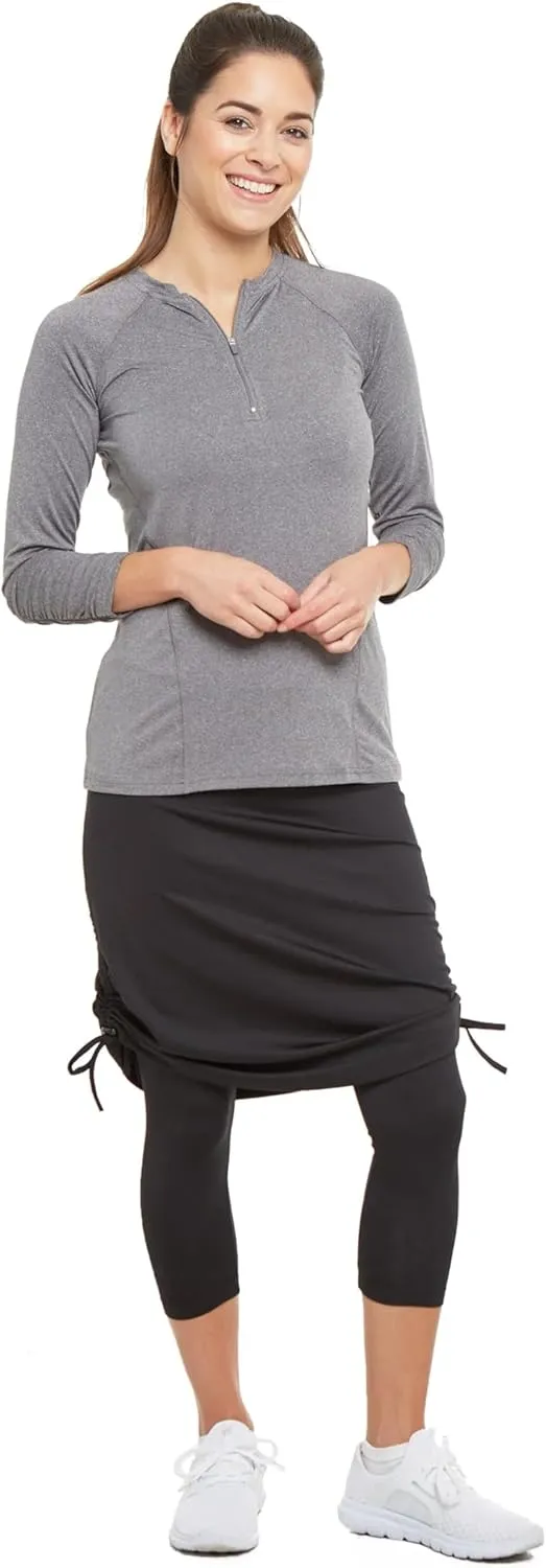 Snoga Athletics- Drawstring Ruched Knot 22in Women's Modest Midi Skirt w/Capri Leggings, Compression Fit, Black