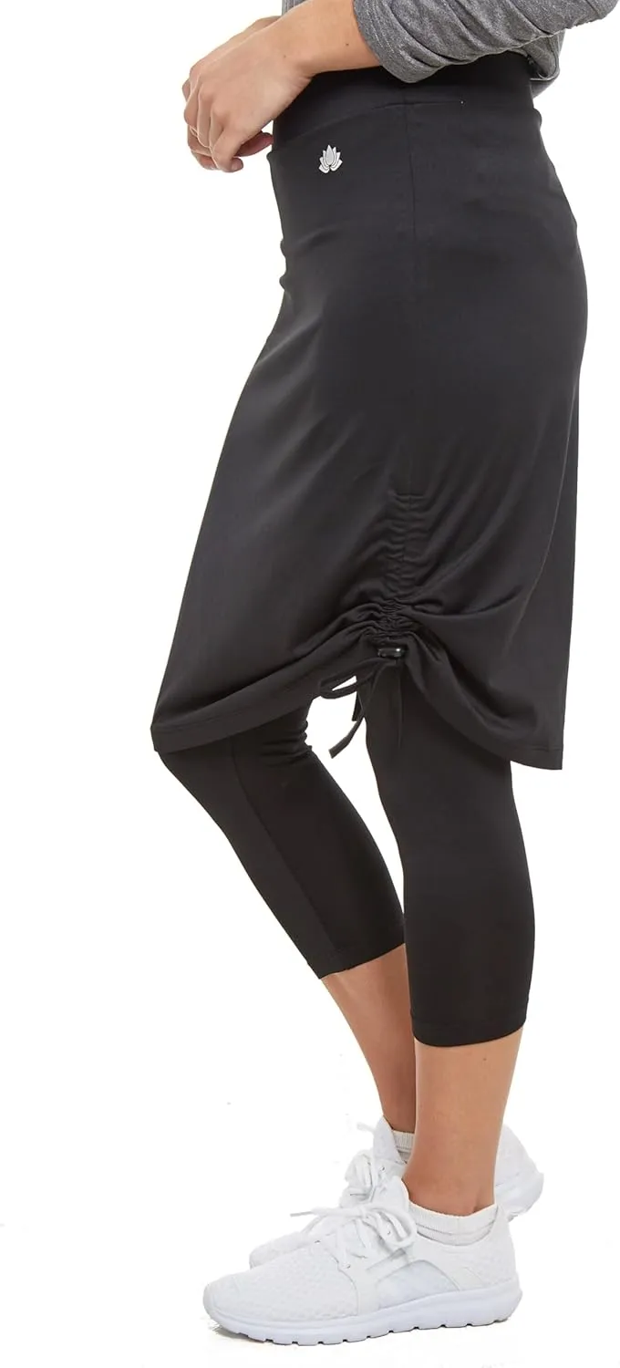 Snoga Athletics- Drawstring Ruched Knot 22in Women's Modest Midi Skirt w/Capri Leggings, Compression Fit, Black