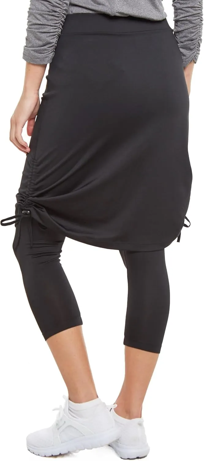 Snoga Athletics- Drawstring Ruched Knot 22in Women's Modest Midi Skirt w/Capri Leggings, Compression Fit, Black
