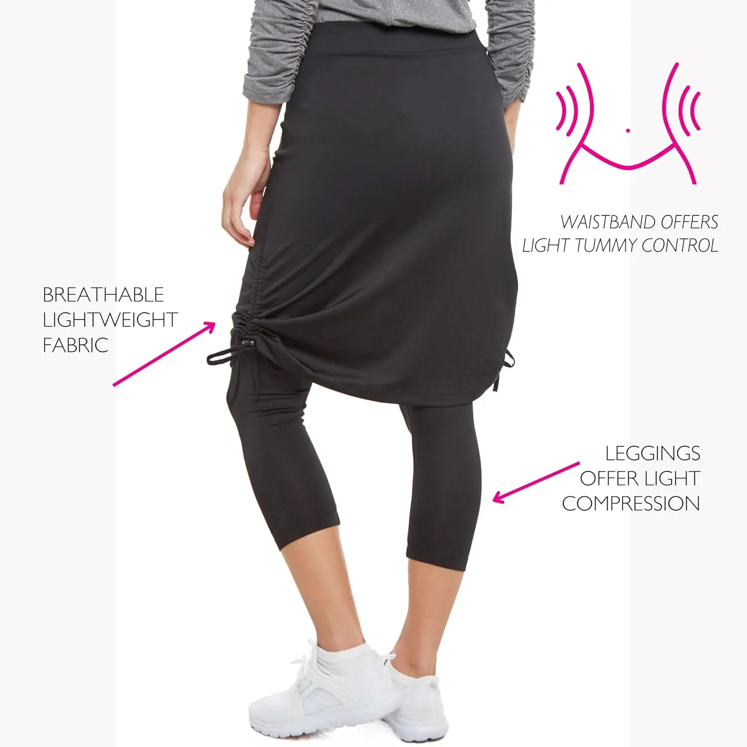 Snoga Athletics- Drawstring Ruched Knot 22in Women's Modest Midi Skirt w/Capri Leggings, Compression Fit, Black