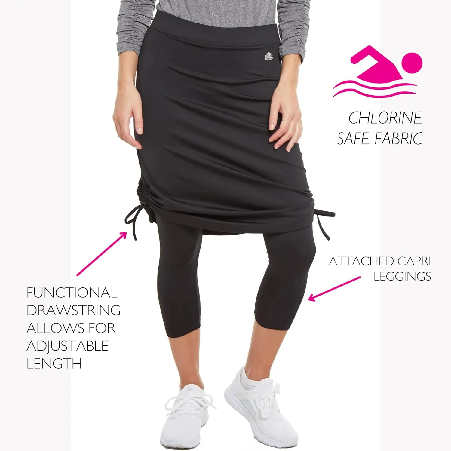 Snoga Athletics- Drawstring Ruched Knot 22in Women's Modest Midi Skirt w/Capri Leggings, Compression Fit, Black