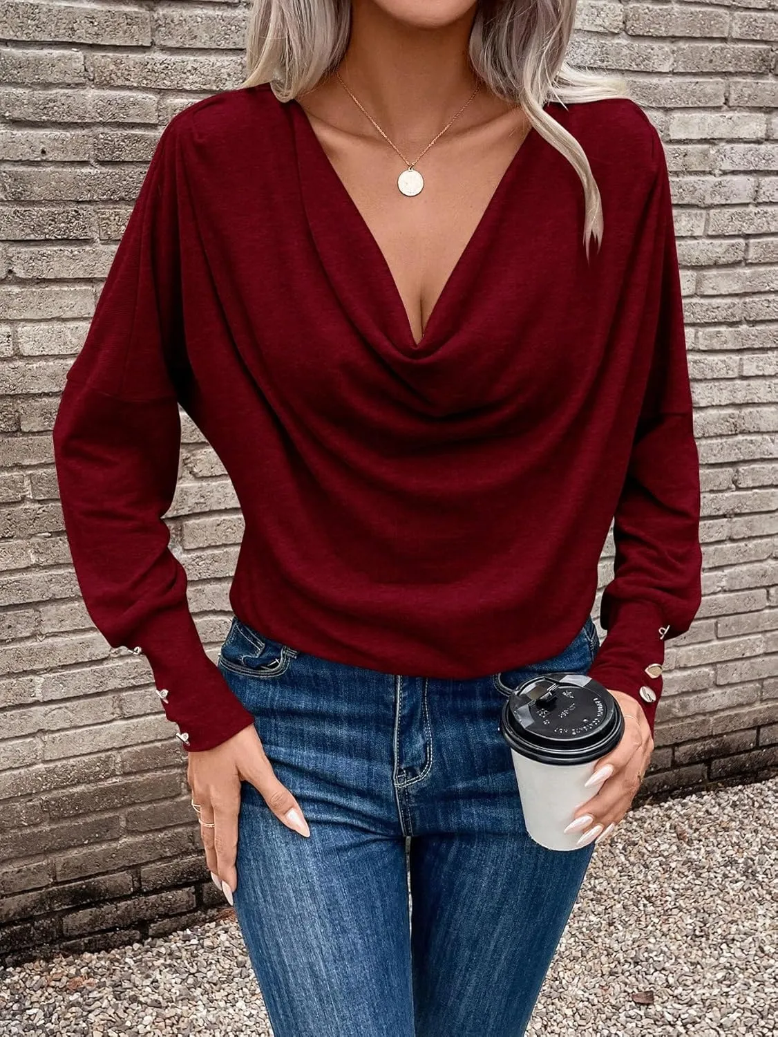 SOLY HUX Women's Cowl Neck Ruched Tops Draped Front Long Sleeve Tee T Shirt Teacher Outfits Work Tops