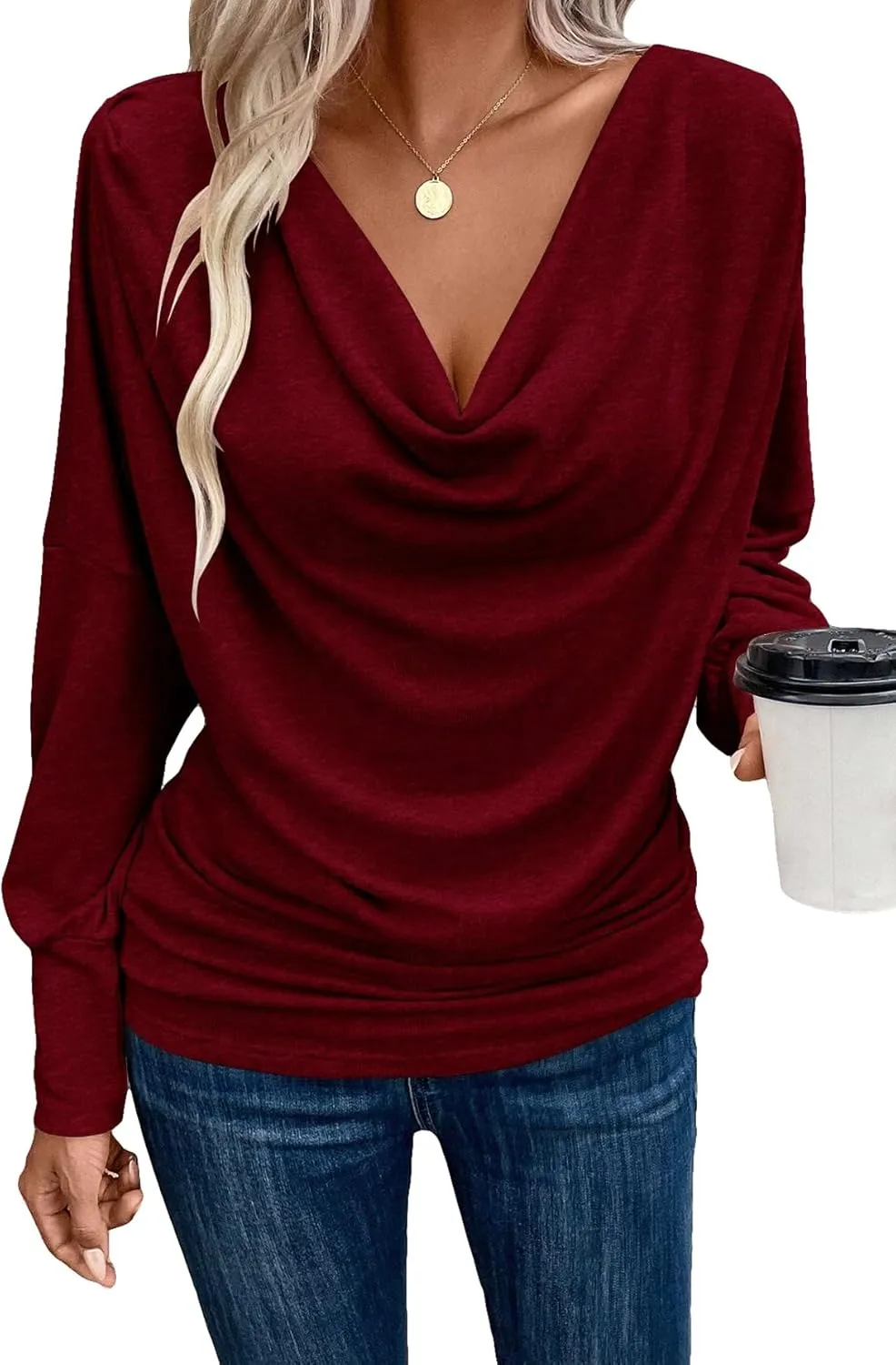 SOLY HUX Women's Cowl Neck Ruched Tops Draped Front Long Sleeve Tee T Shirt Teacher Outfits Work Tops