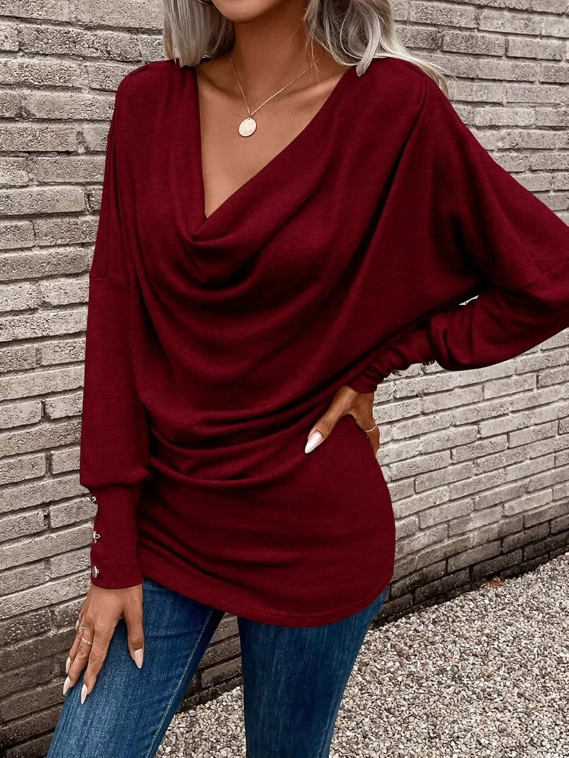 SOLY HUX Women's Cowl Neck Ruched Tops Draped Front Long Sleeve Tee T Shirt Teacher Outfits Work Tops