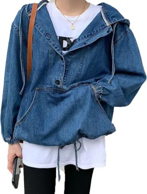 SOMTHRON Women's Denim Hoodie Pullover Jacket Jean Tops 1/2 Button Down Boyfriend Sweatshirt Top with Pocket