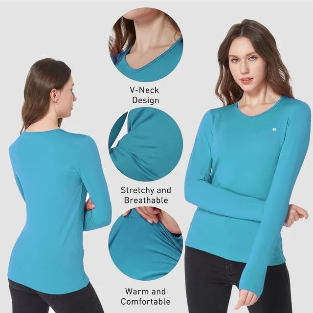 SSLR 2 Pack Women's Thermal Tops, Thermal Underwear for Women Long Sleeve Tee Shirts Basic Layering V Neck Fleece