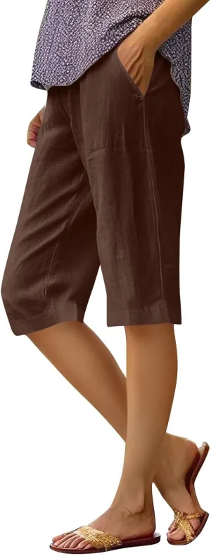 Summer Bermuda Shorts for Women Knee Length 2024 Trendy Linen Shorts Lightweight Casual Beach Short Pants w/Pockets