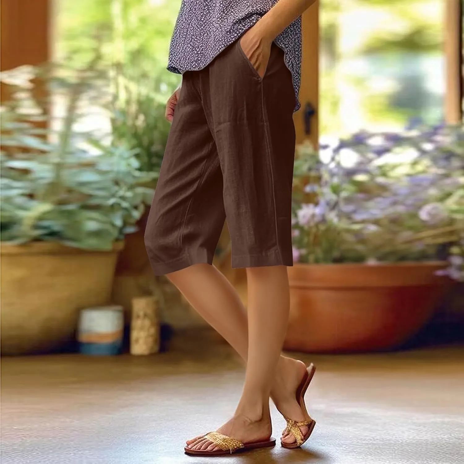 Summer Bermuda Shorts for Women Knee Length 2024 Trendy Linen Shorts Lightweight Casual Beach Short Pants w/Pockets