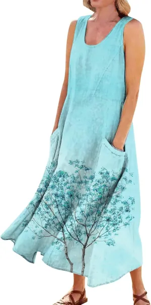 Summer Dresses for Women 2025 Cotton Linen Sleeveless Solid Printed Casual Baggy Flowy Maxi Tank Dresses with Pockets
