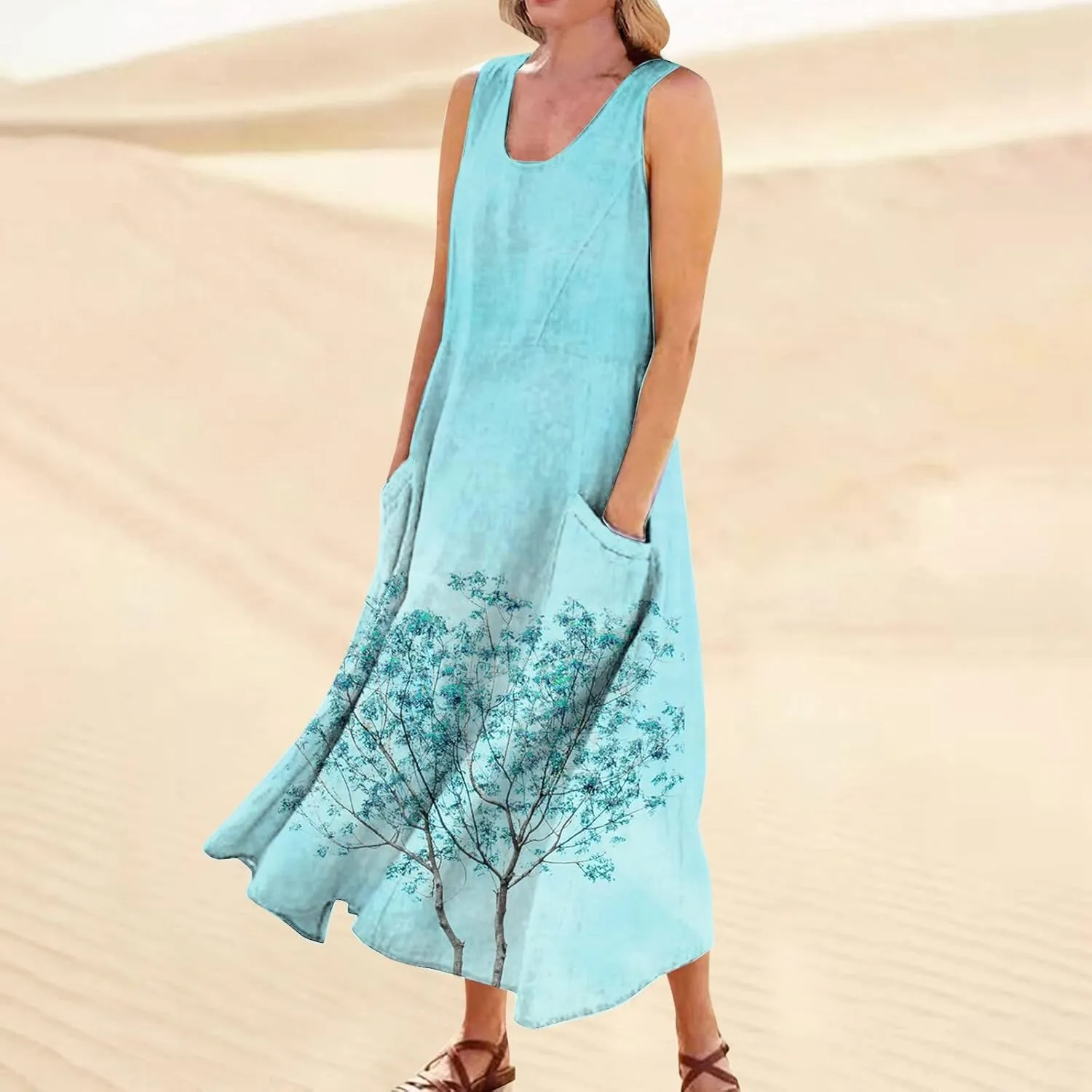 Summer Dresses for Women 2025 Cotton Linen Sleeveless Solid Printed Casual Baggy Flowy Maxi Tank Dresses with Pockets