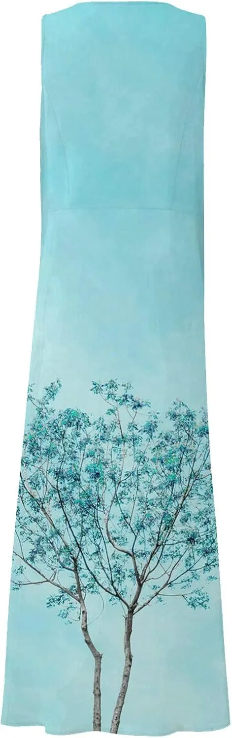 Summer Dresses for Women 2025 Cotton Linen Sleeveless Solid Printed Casual Baggy Flowy Maxi Tank Dresses with Pockets