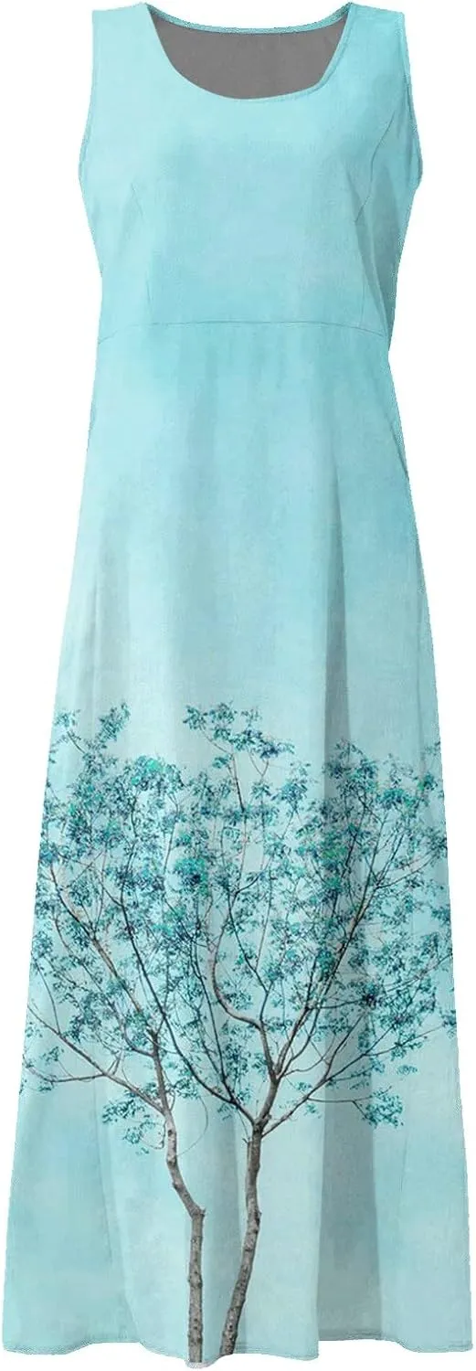 Summer Dresses for Women 2025 Cotton Linen Sleeveless Solid Printed Casual Baggy Flowy Maxi Tank Dresses with Pockets