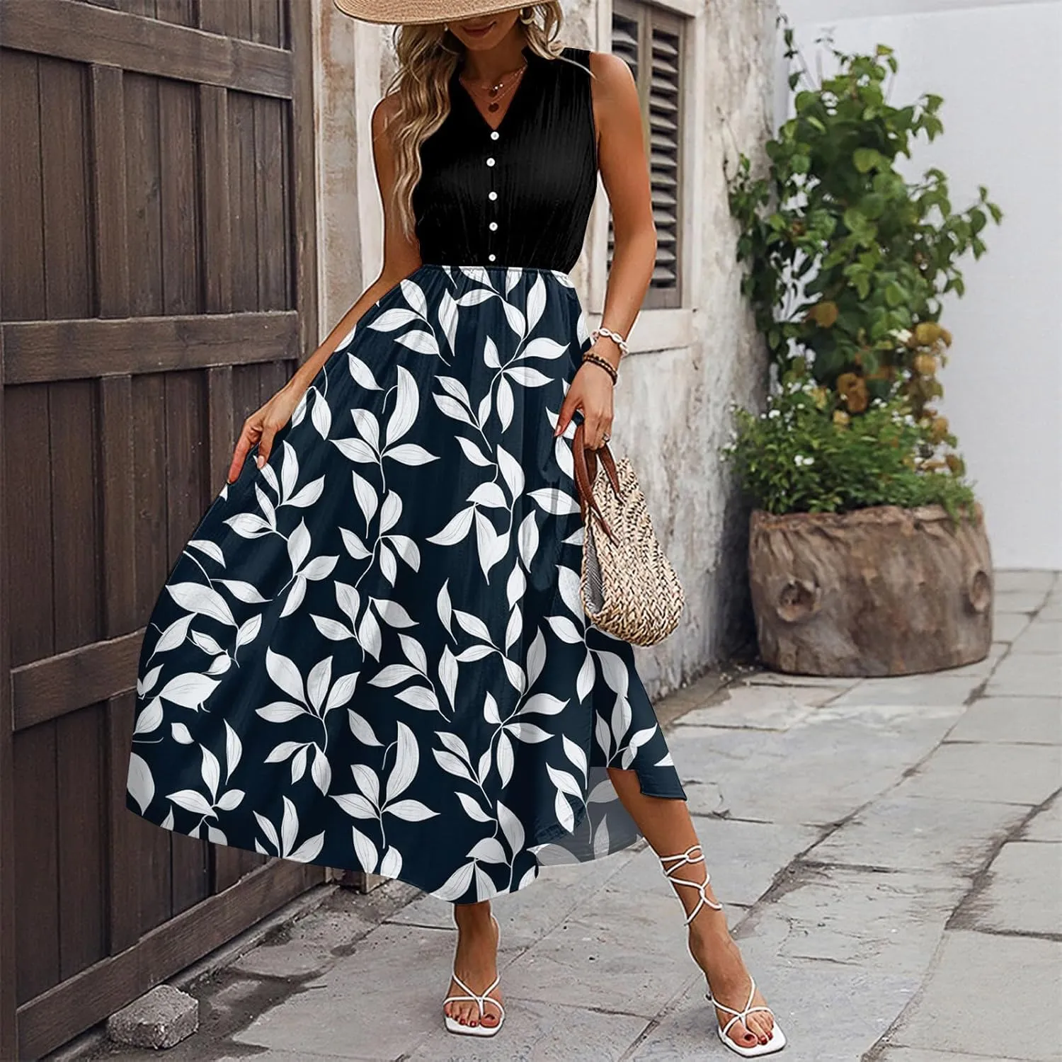 Summer Dresses for Women Casual Sleeveless Dresses Beach Flowy V Neck Tank Sundresses 2025 Fashion Holiday Dresses