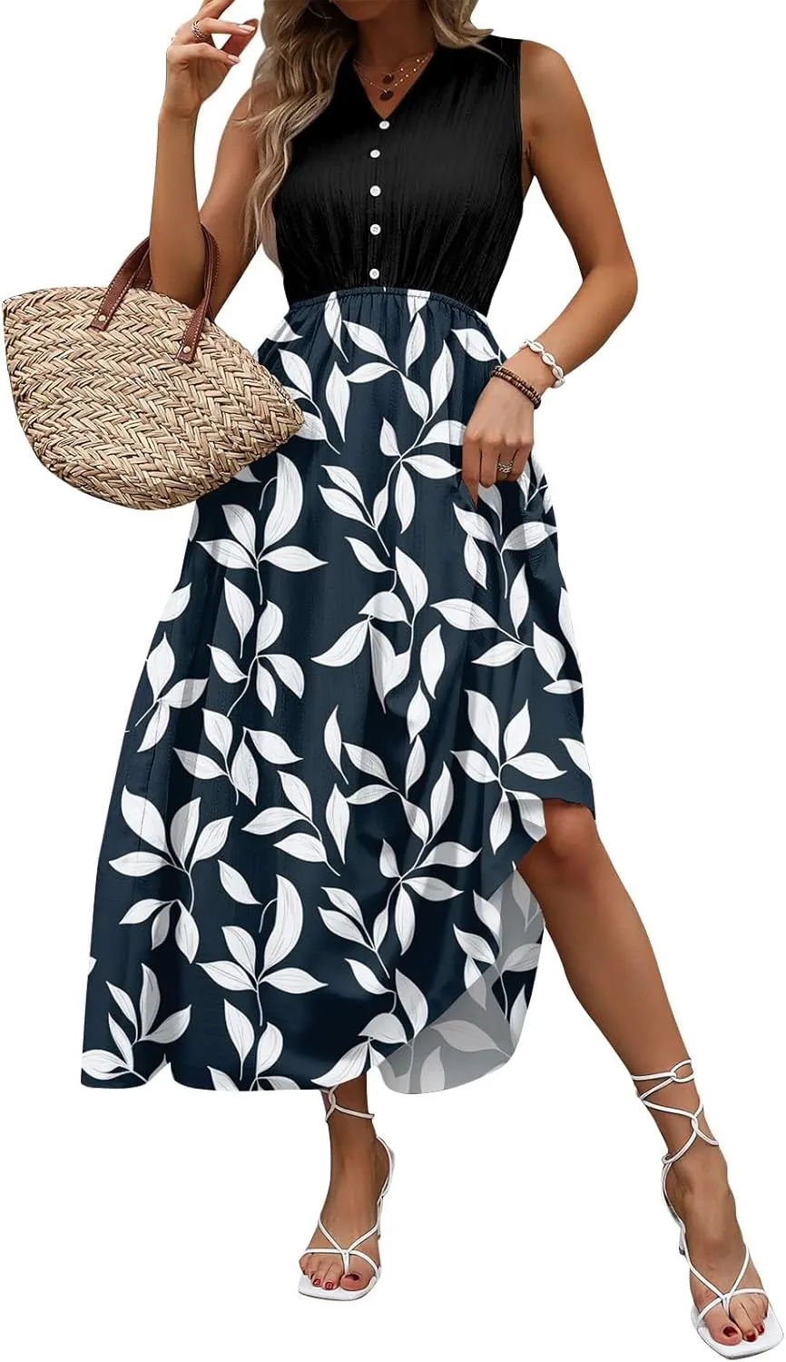 Summer Dresses for Women Casual Sleeveless Dresses Beach Flowy V Neck Tank Sundresses 2025 Fashion Holiday Dresses