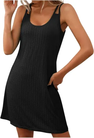 Sun Dresses for Women Summer Beach Vacation Spaghetti Strap Textured Mini Dress Loose Fit Casual Scoop Neck Sundress