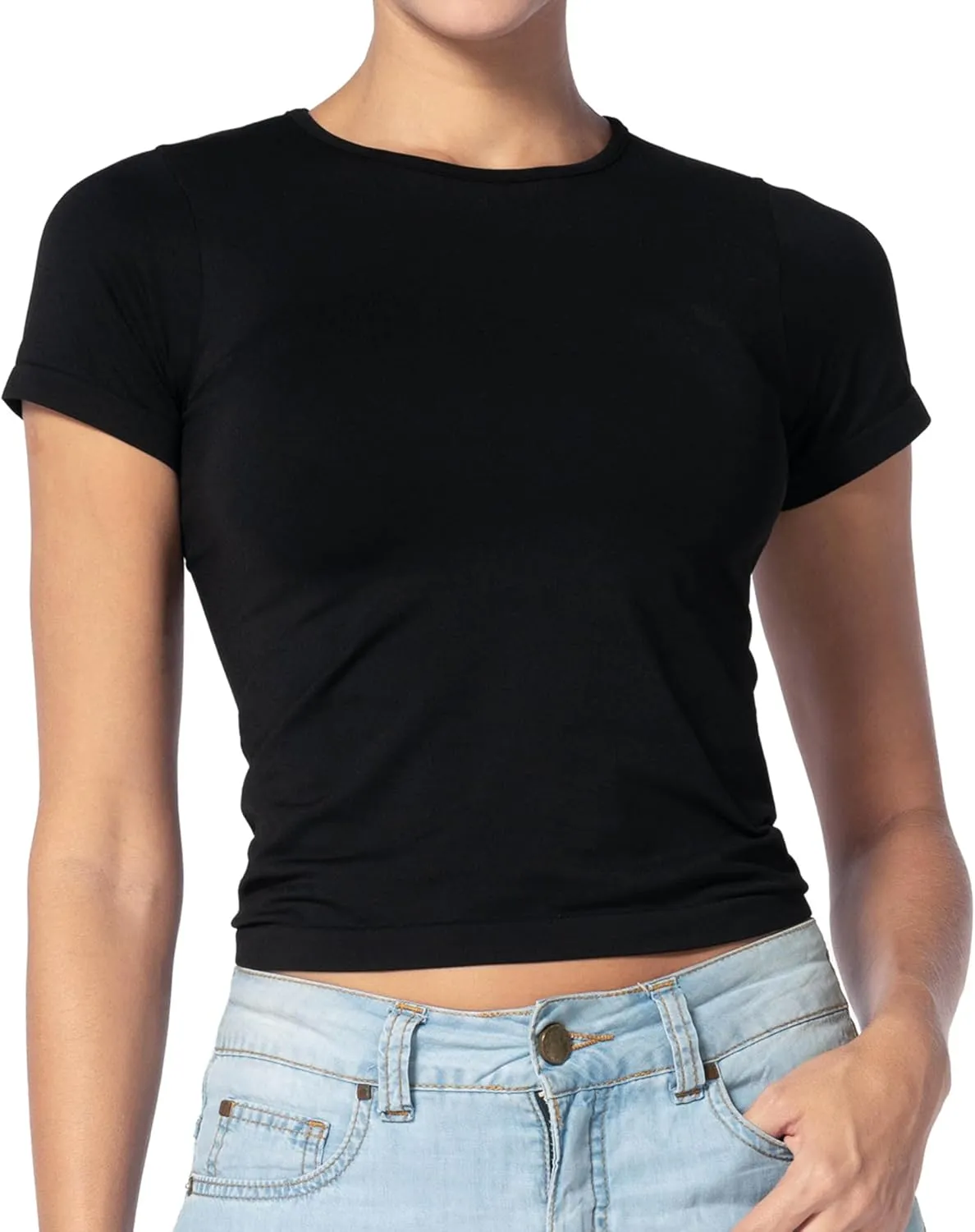 Sunzel Short Sleeve Fitted Basic T Shirts for Women, Soft Crew Neck Basic Crop Tee Cute Trendy Summer Tops Tight Tees