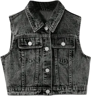 SweatyRocks Girl's Denim Vest Button Down Sleeveless Jean Jacket Outerwear with Pockets