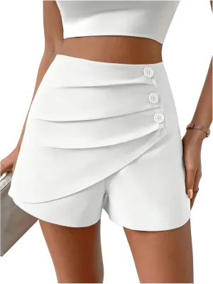 SweatyRocks Women's Casual High Waist Button Front Wrap Shorts Solid Ruched Skort Skirt