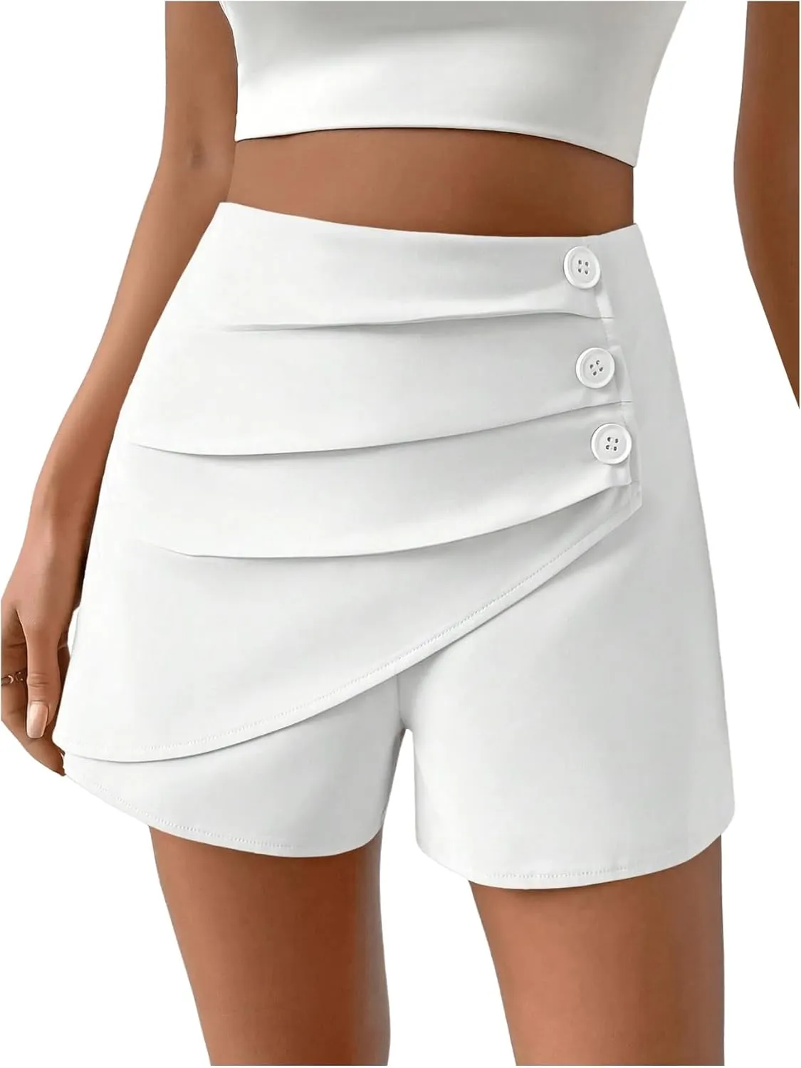 SweatyRocks Women's Casual High Waist Button Front Wrap Shorts Solid Ruched Skort Skirt