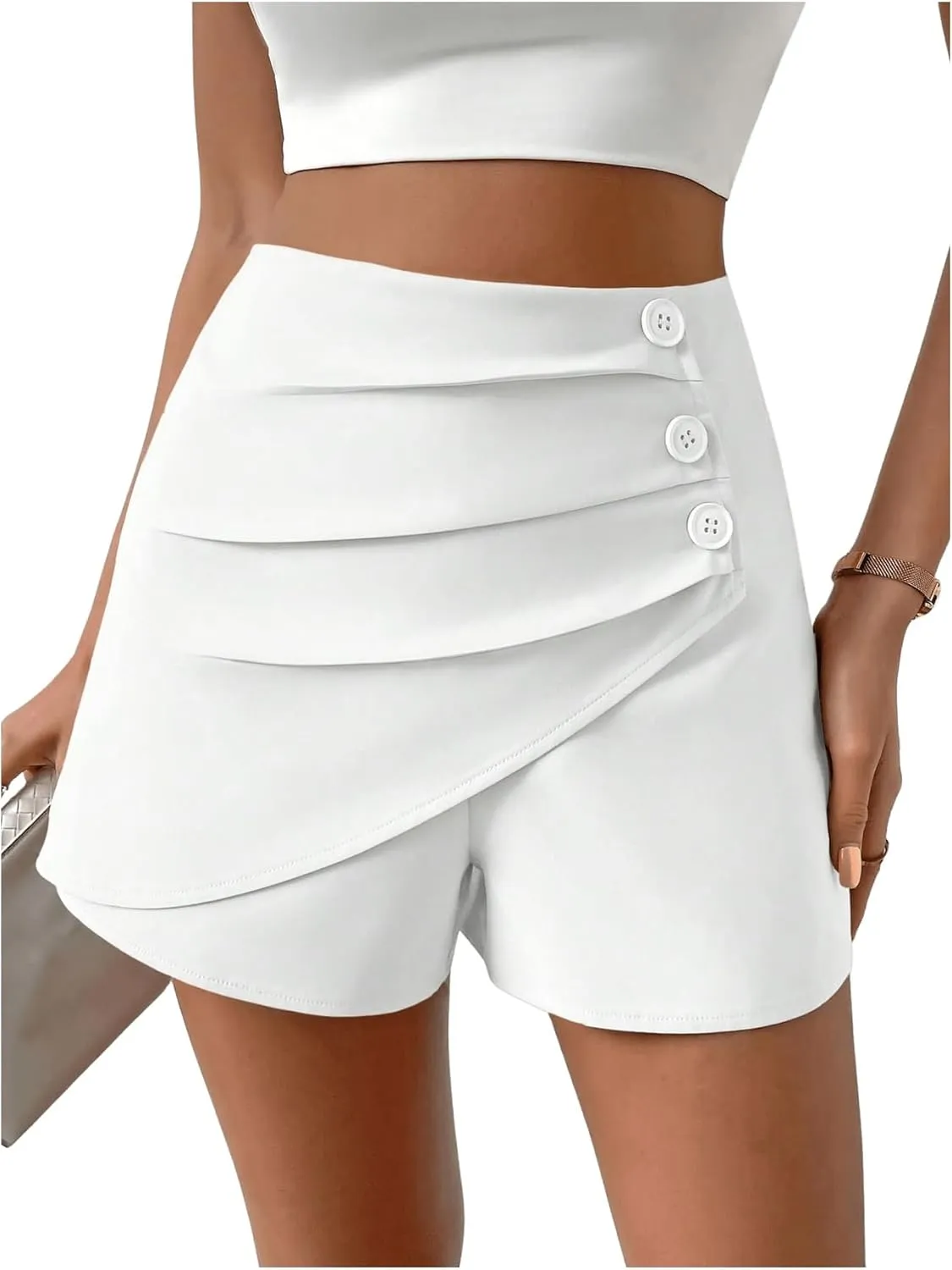 SweatyRocks Women's Casual High Waist Button Front Wrap Shorts Solid Ruched Skort Skirt