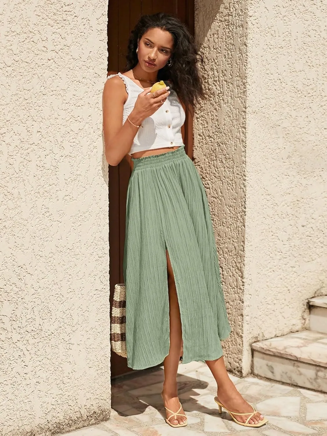 SweatyRocks Women's Casual High Waist Split Thigh Skirts High Waisted Solid Midi Skirts
