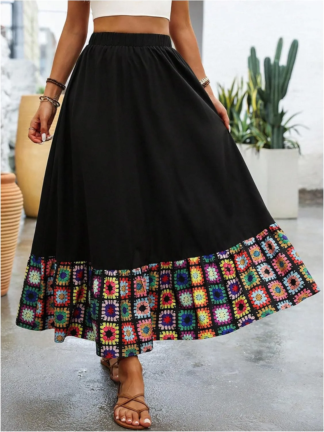 SweatyRocks Women's Floral Ruffle Maxi Skirts A Line High Waisted Vacation Boho Skirt