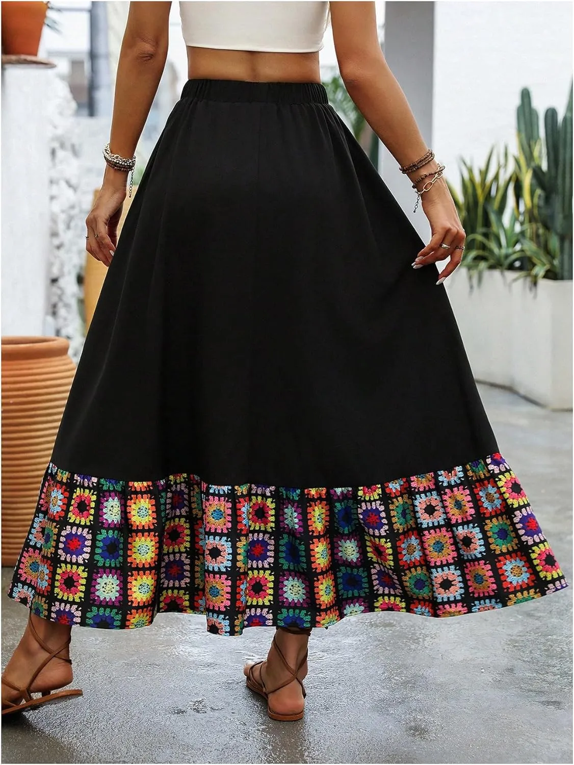 SweatyRocks Women's Floral Ruffle Maxi Skirts A Line High Waisted Vacation Boho Skirt
